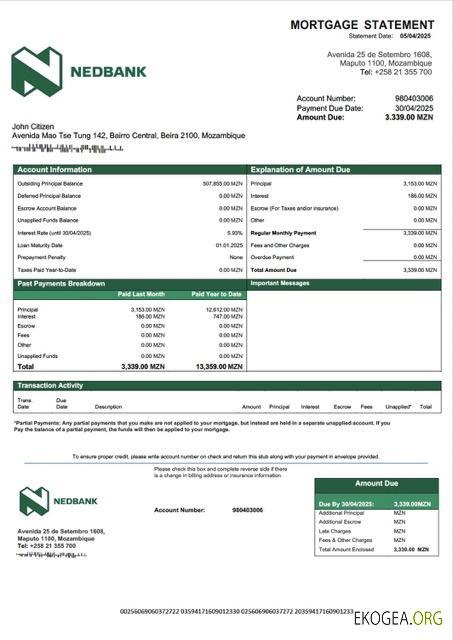 Modèle Word et PDF de relevé hypothécaire de Nedbank Moçambique Mozambique